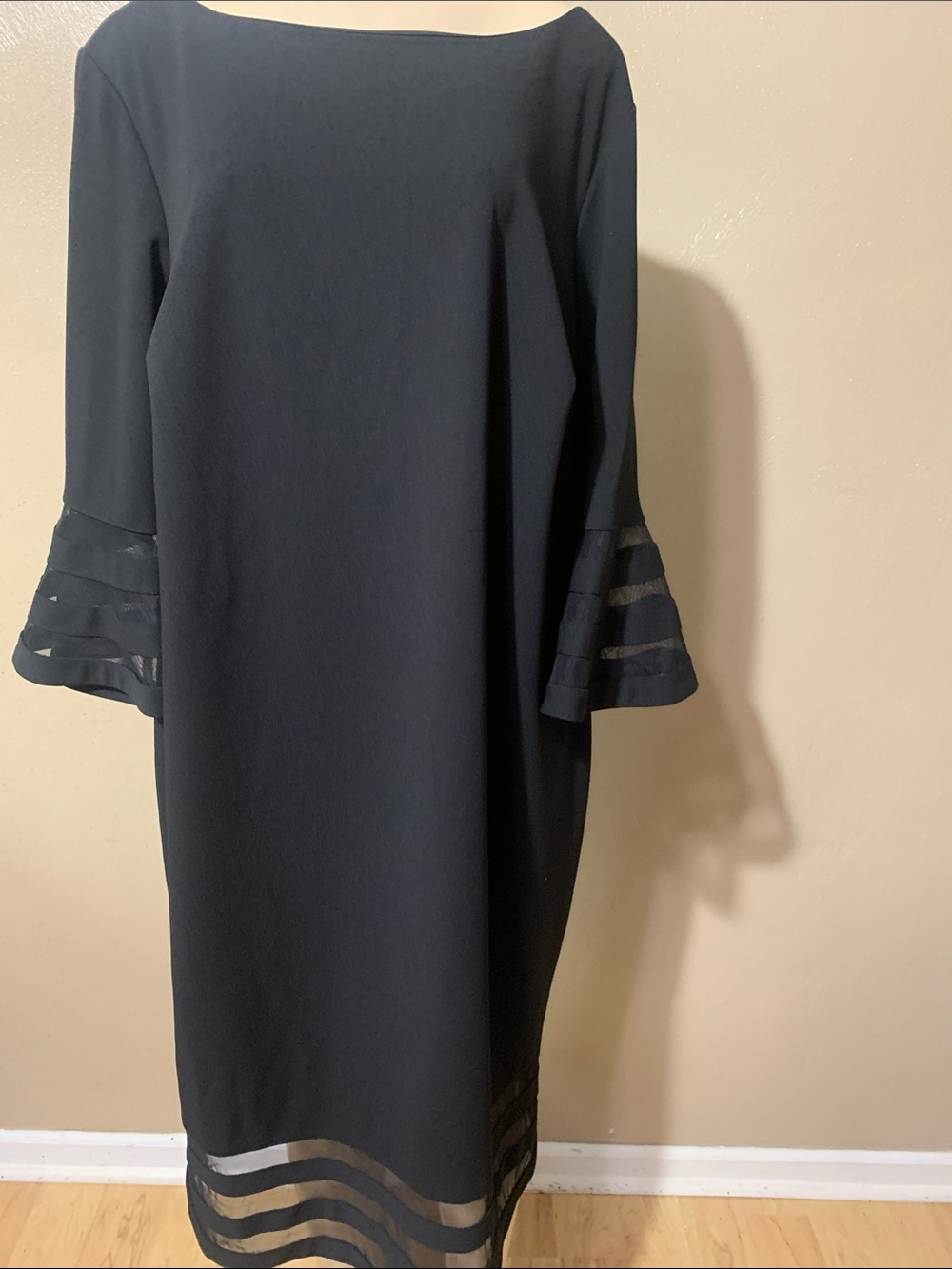 Calvin Klein size 18W Black Midi Dress with Sheer Stripe Sleeves and Hem